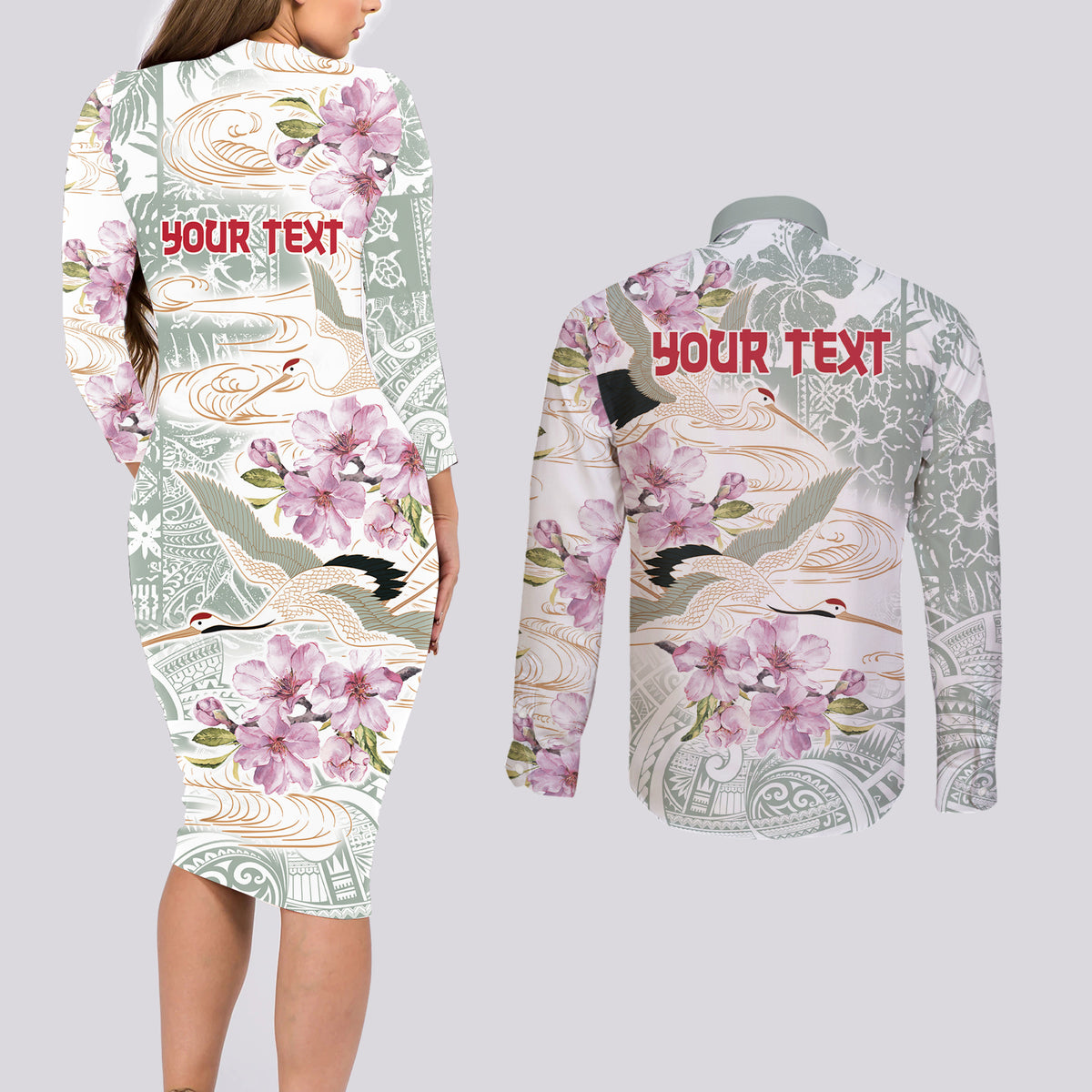 Personalized Japanese Shirasagi Bird Couples Matching Long Sleeve Bodycon Dress and Long Sleeve Button Shirt Sakura and Hibiscus Polynesian Pattern