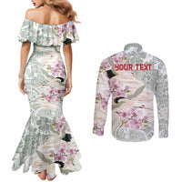 Personalized Japanese Shirasagi Bird Couples Matching Mermaid Dress and Long Sleeve Button Shirt Sakura and Hibiscus Polynesian Pattern