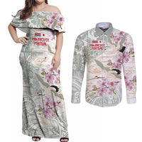 Personalized Japanese Shirasagi Bird Couples Matching Off Shoulder Maxi Dress and Long Sleeve Button Shirt Sakura and Hibiscus Polynesian Pattern