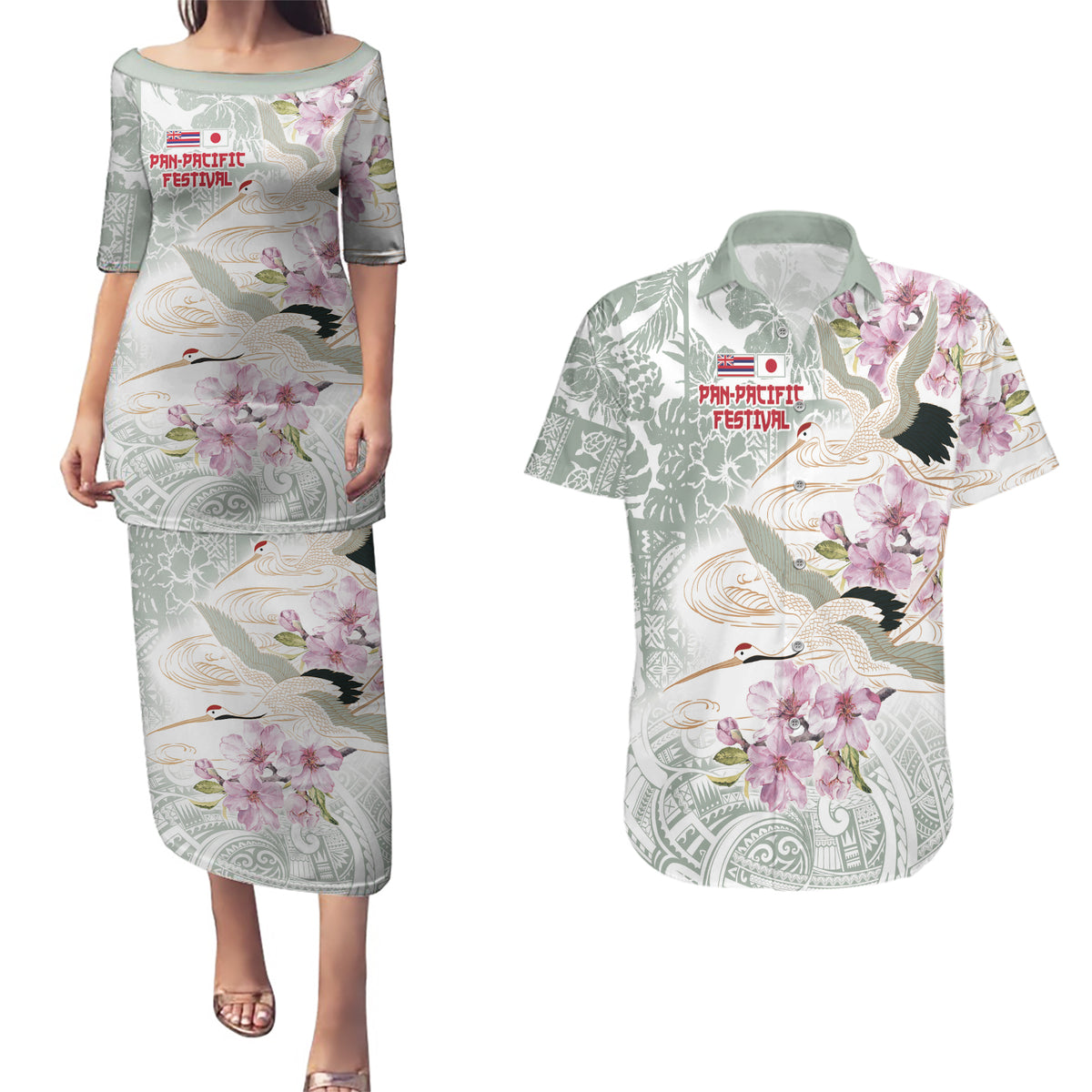 Personalized Japanese Shirasagi Bird Couples Matching Puletasi and Hawaiian Shirt Sakura and Hibiscus Polynesian Pattern