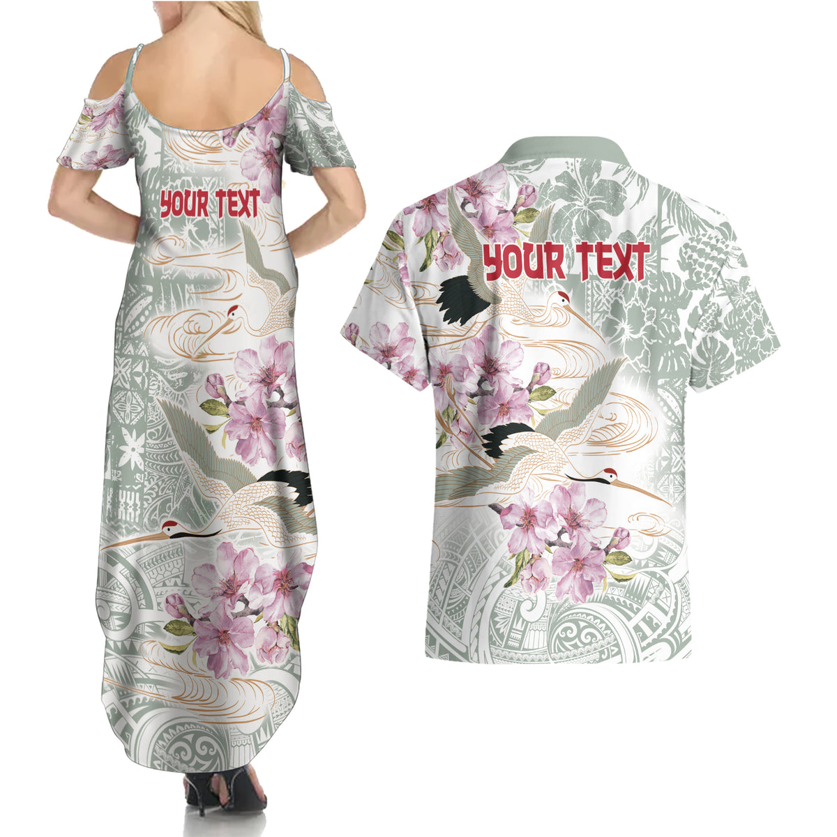 Personalized Japanese Shirasagi Bird Couples Matching Summer Maxi Dress and Hawaiian Shirt Sakura and Hibiscus Polynesian Pattern