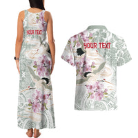Personalized Japanese Shirasagi Bird Couples Matching Tank Maxi Dress and Hawaiian Shirt Sakura and Hibiscus Polynesian Pattern