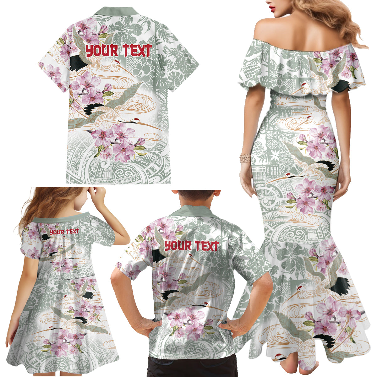 Personalized Japanese Shirasagi Bird Family Matching Mermaid Dress and Hawaiian Shirt Sakura and Hibiscus Polynesian Pattern