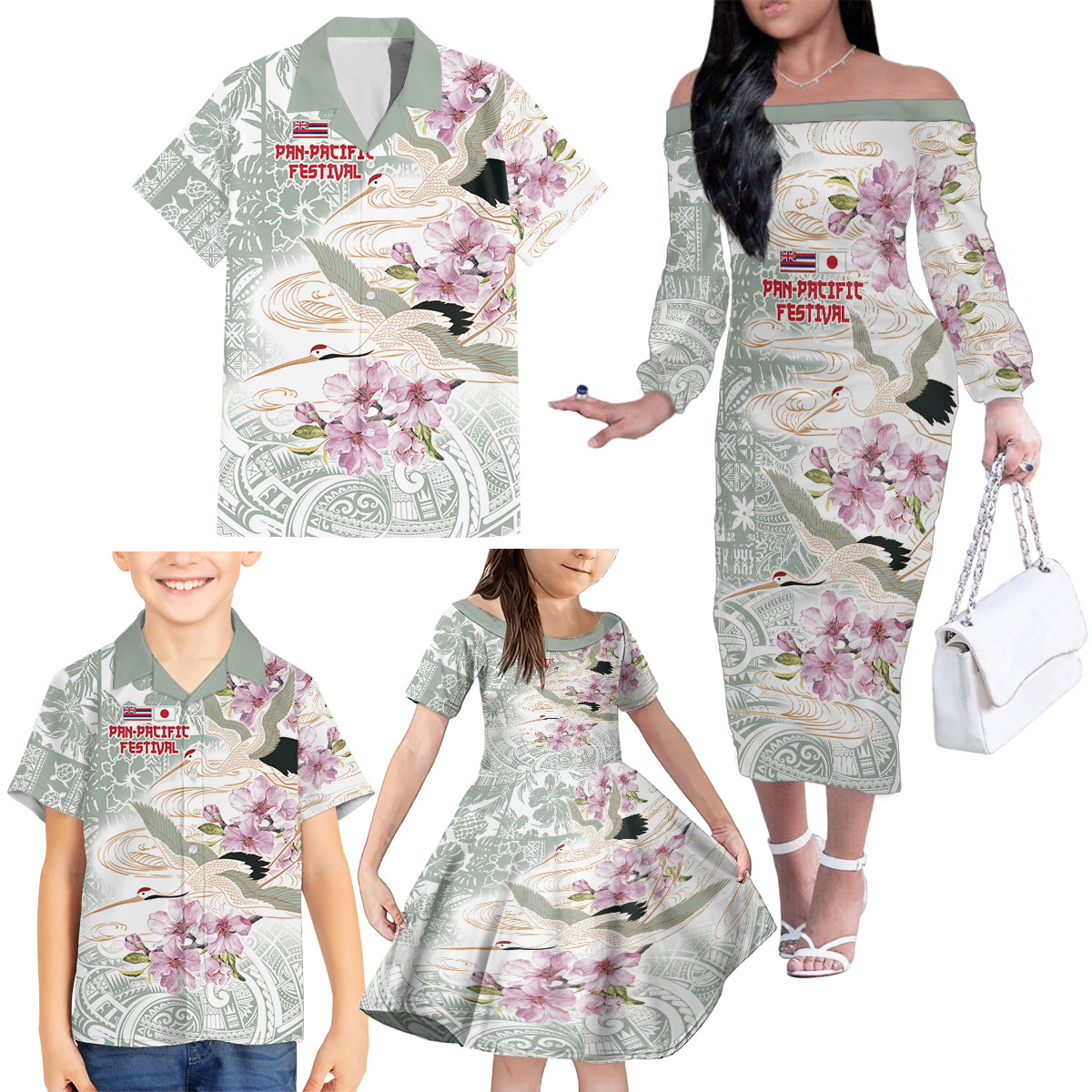 Personalized Japanese Shirasagi Bird Family Matching Off The Shoulder Long Sleeve Dress and Hawaiian Shirt Sakura and Hibiscus Polynesian Pattern LT9 - Polynesian Pride