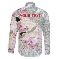 Personalized Japanese Shirasagi Bird Family Matching Off The Shoulder Long Sleeve Dress and Hawaiian Shirt Sakura and Hibiscus Polynesian Pattern