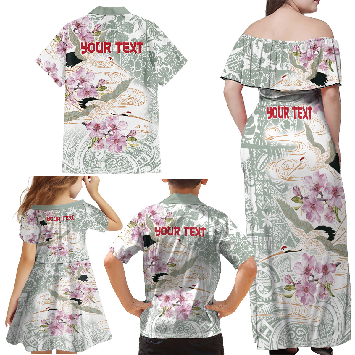 Personalized Japanese Shirasagi Bird Family Matching Off Shoulder Maxi Dress and Hawaiian Shirt Sakura and Hibiscus Polynesian Pattern