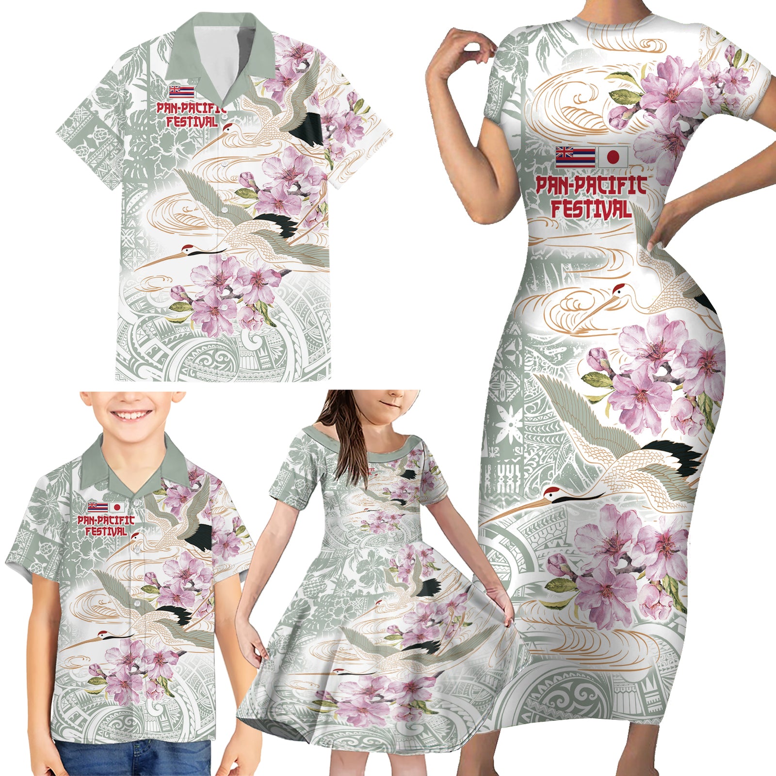 Personalized Japanese Shirasagi Bird Family Matching Short Sleeve Bodycon Dress and Hawaiian Shirt Sakura and Hibiscus Polynesian Pattern LT9 - Polynesian Pride