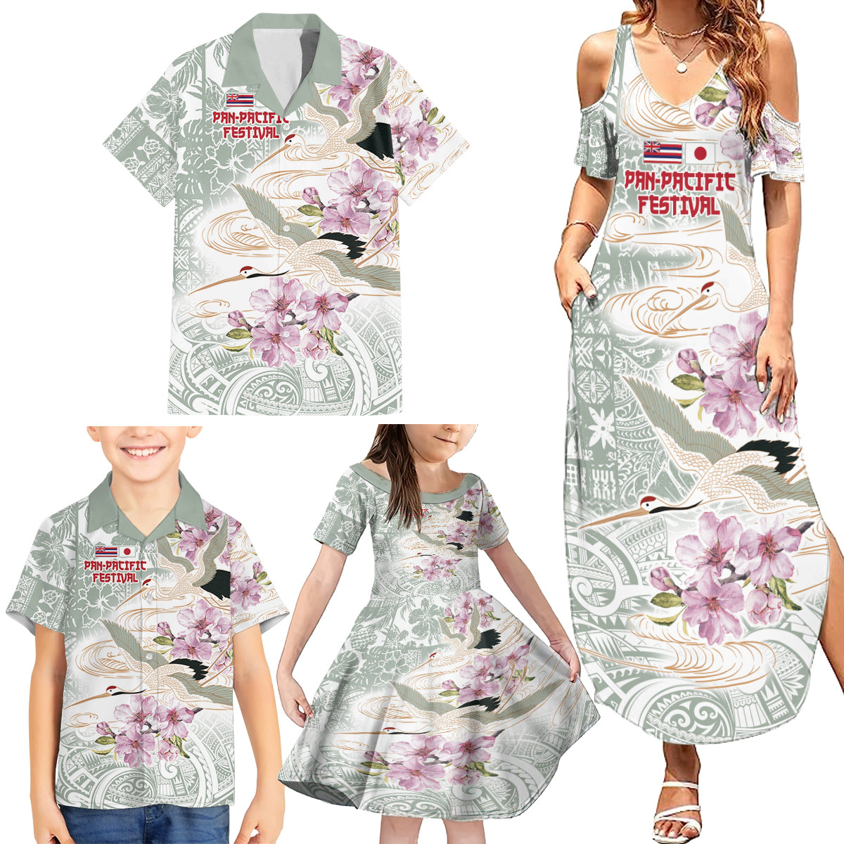 Personalized Japanese Shirasagi Bird Family Matching Summer Maxi Dress and Hawaiian Shirt Sakura and Hibiscus Polynesian Pattern LT9 - Polynesian Pride