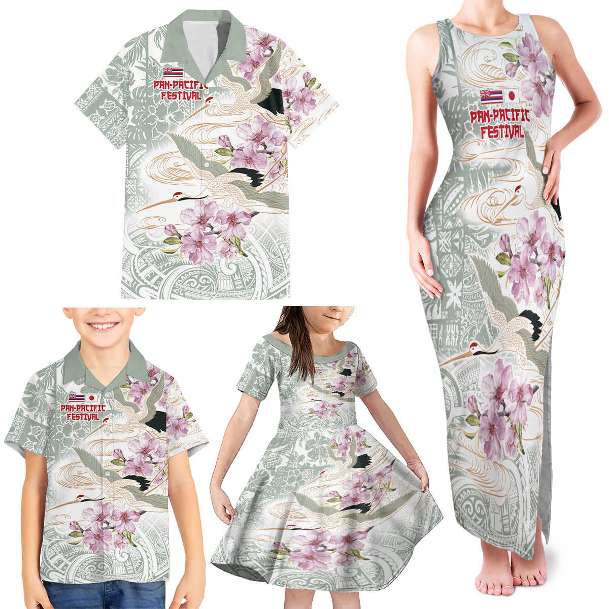 Personalized Japanese Shirasagi Bird Family Matching Tank Maxi Dress and Hawaiian Shirt Sakura and Hibiscus Polynesian Pattern
