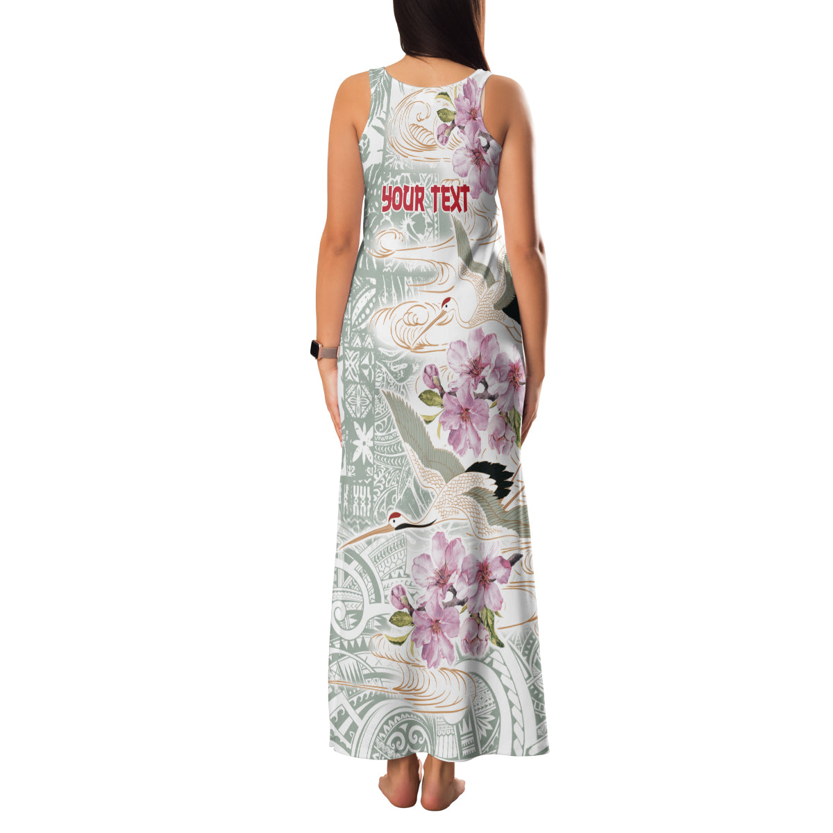 Personalized Japanese Shirasagi Bird Family Matching Tank Maxi Dress and Hawaiian Shirt Sakura and Hibiscus Polynesian Pattern