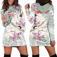 Personalized Japanese Shirasagi Bird Hoodie Dress Sakura and Hibiscus Polynesian Pattern