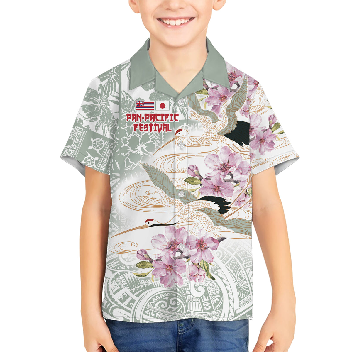 Personalized Japanese Shirasagi Bird Kid Hawaiian Shirt Sakura and Hibiscus Polynesian Pattern LT9 Kid White - Polynesian Pride