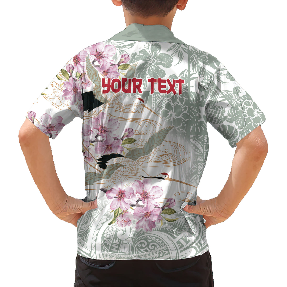 Personalized Japanese Shirasagi Bird Kid Hawaiian Shirt Sakura and Hibiscus Polynesian Pattern LT9 - Polynesian Pride