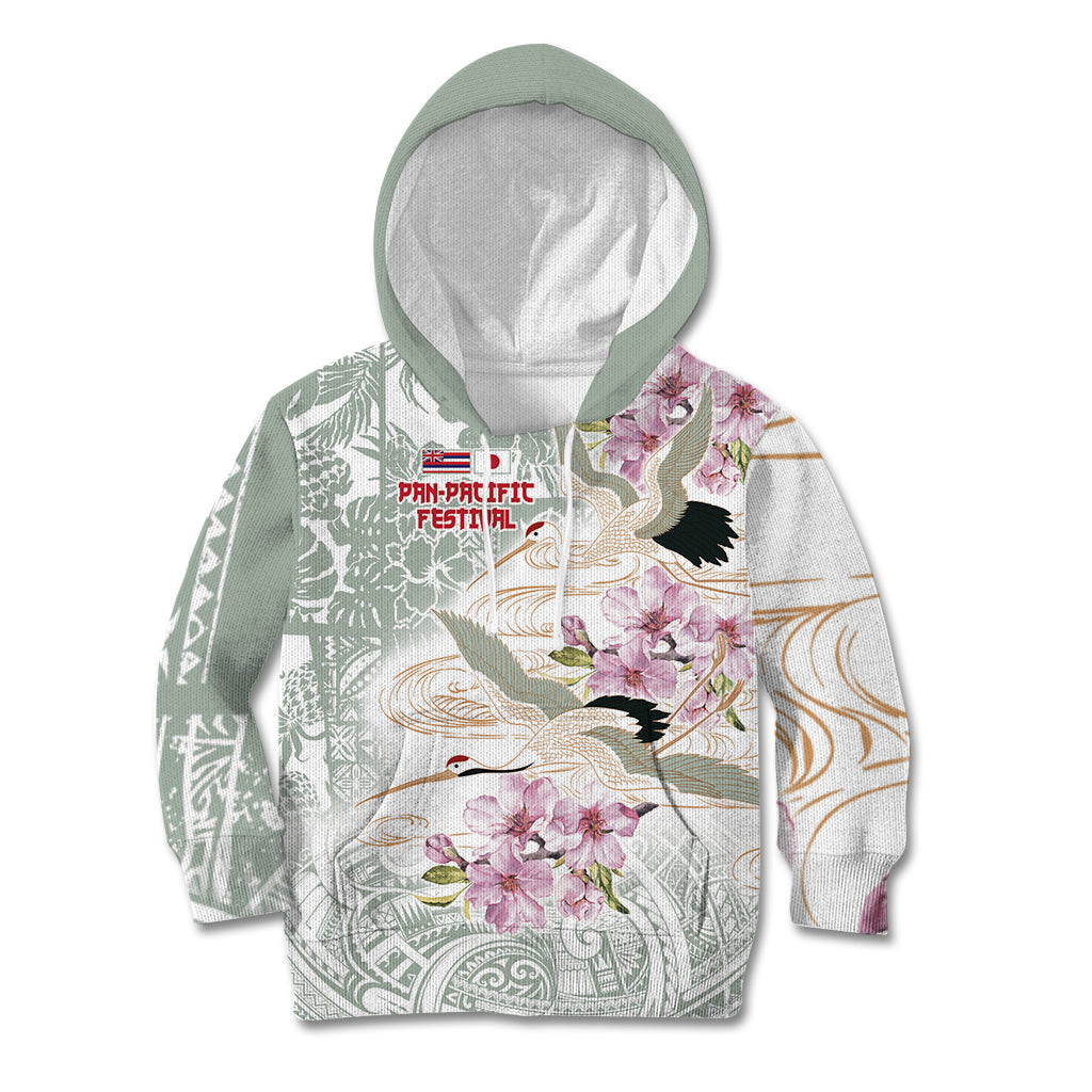 Personalized Japanese Shirasagi Bird Kid Hoodie Sakura and Hibiscus Polynesian Pattern
