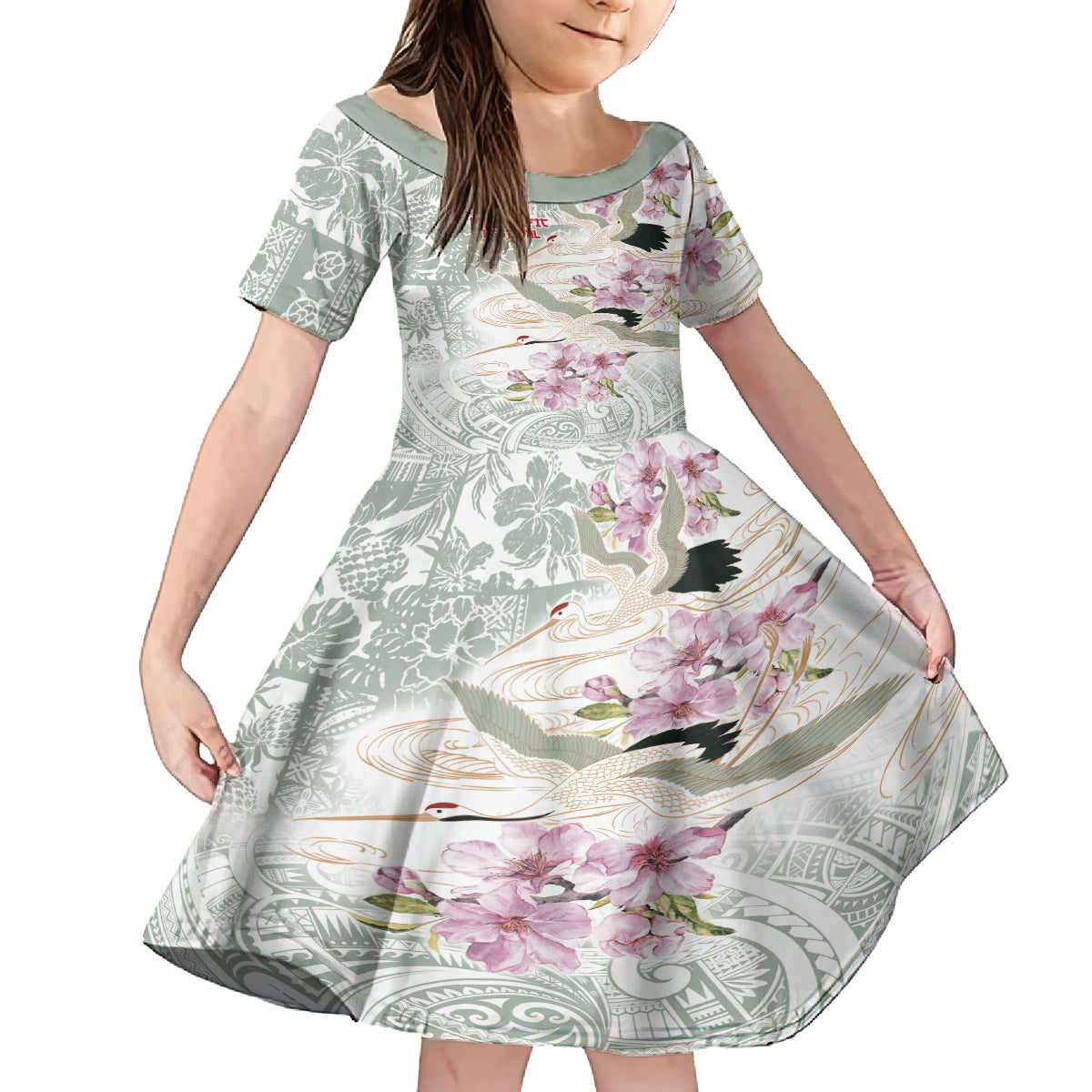 Personalized Japanese Shirasagi Bird Kid Short Sleeve Dress Sakura and Hibiscus Polynesian Pattern