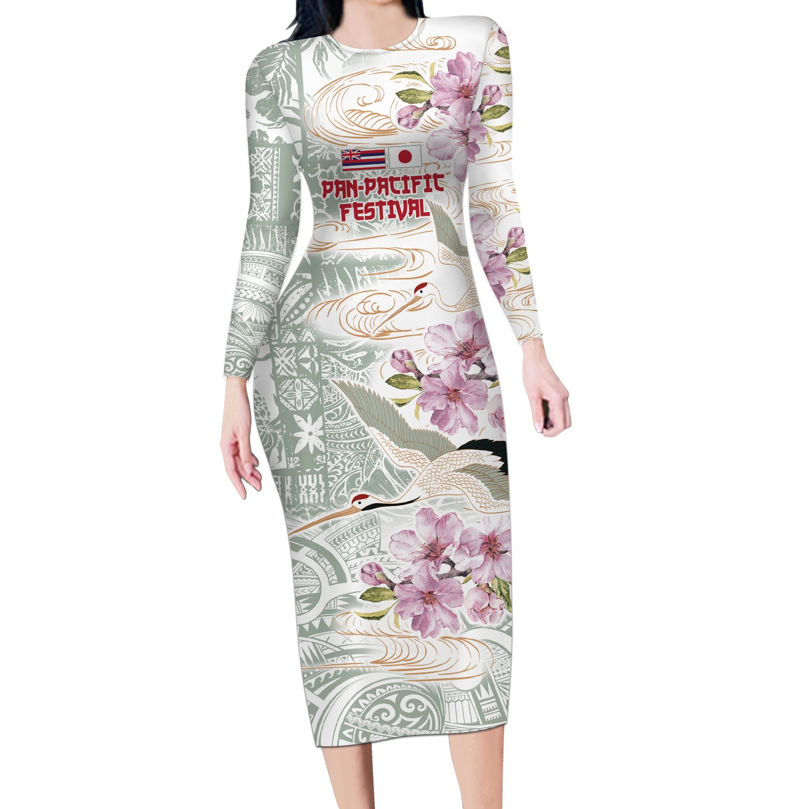 Personalized Japanese Shirasagi Bird Long Sleeve Bodycon Dress Sakura and Hibiscus Polynesian Pattern LT9 Long Dress White - Polynesian Pride