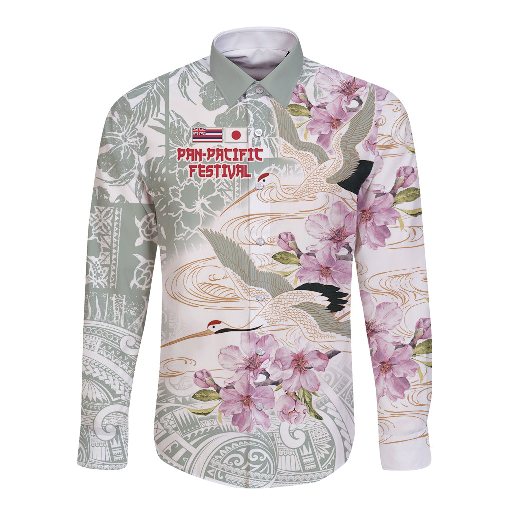 Personalized Japanese Shirasagi Bird Long Sleeve Button Shirt Sakura and Hibiscus Polynesian Pattern LT9 Unisex White - Polynesian Pride