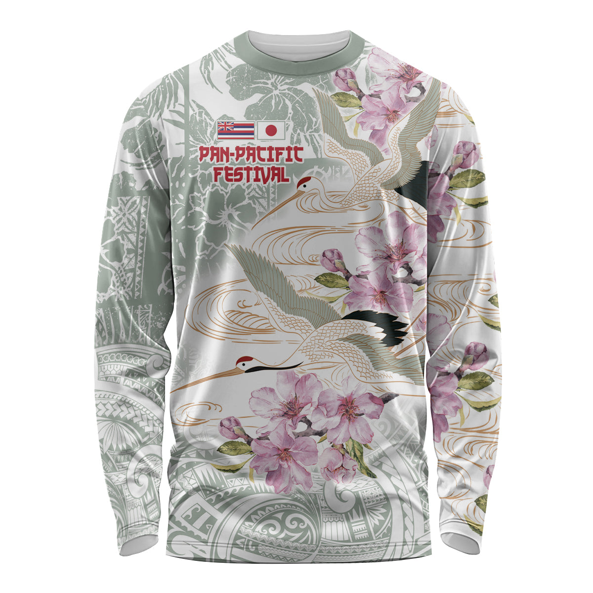 Personalized Japanese Shirasagi Bird Long Sleeve Shirt Sakura and Hibiscus Polynesian Pattern