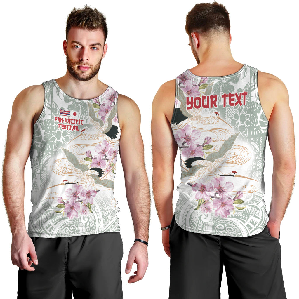 Personalized Japanese Shirasagi Bird Men Tank Top Sakura and Hibiscus Polynesian Pattern