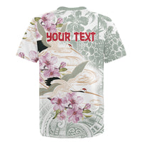 Personalized Japanese Shirasagi Bird Rugby Jersey Sakura and Hibiscus Polynesian Pattern