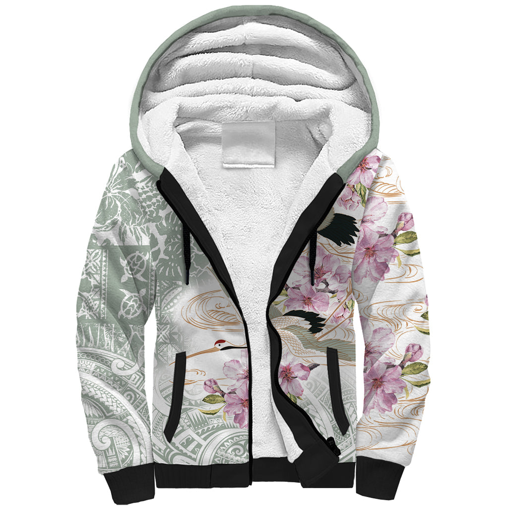 Personalized Japanese Shirasagi Bird Sherpa Hoodie Sakura and Hibiscus Polynesian Pattern