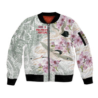 Personalized Japanese Shirasagi Bird Sleeve Zip Bomber Jacket Sakura and Hibiscus Polynesian Pattern