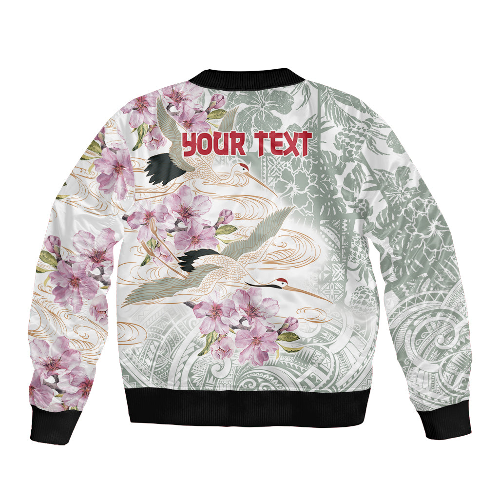 Personalized Japanese Shirasagi Bird Sleeve Zip Bomber Jacket Sakura and Hibiscus Polynesian Pattern