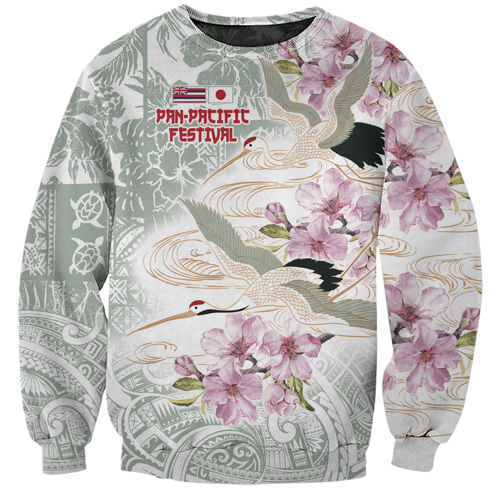 Personalized Japanese Shirasagi Bird Sweatshirt Sakura and Hibiscus Polynesian Pattern