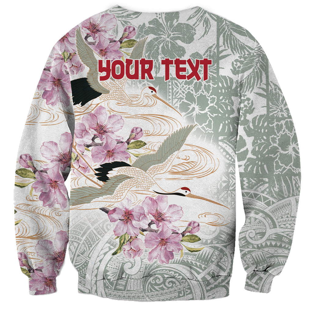 Personalized Japanese Shirasagi Bird Sweatshirt Sakura and Hibiscus Polynesian Pattern