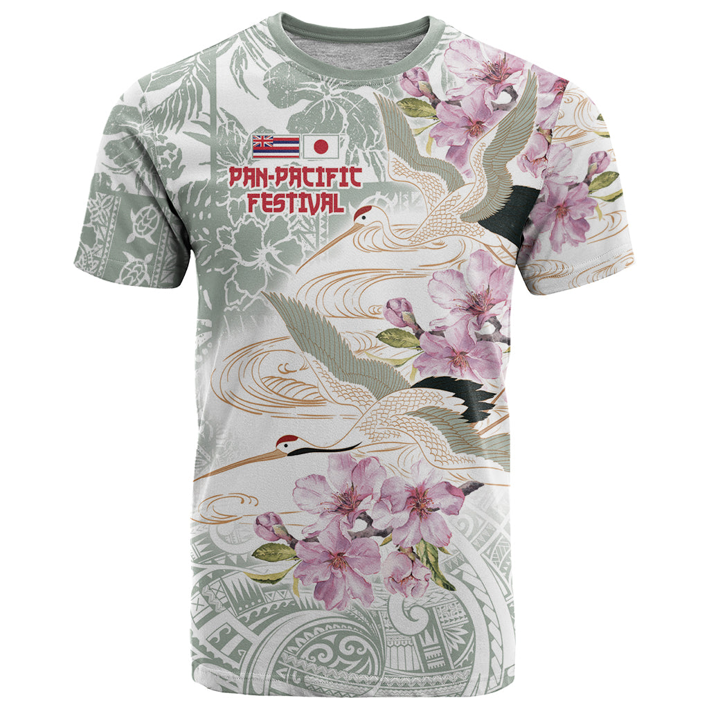 Personalized Japanese Shirasagi Bird T Shirt Sakura and Hibiscus Polynesian Pattern LT9 White - Polynesian Pride