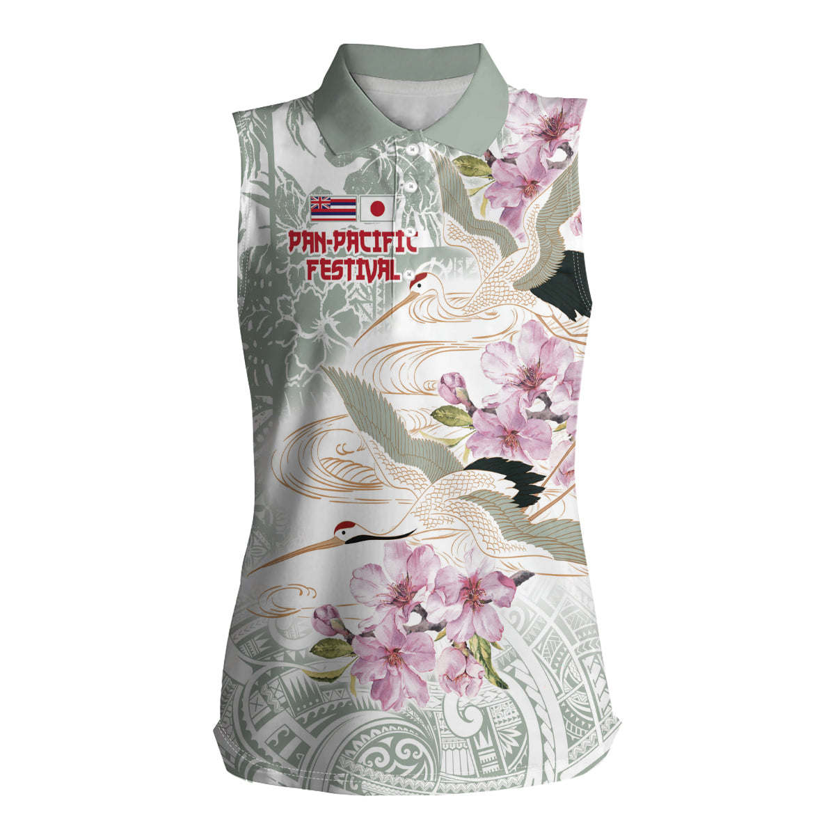 Personalized Japanese Shirasagi Bird Women Sleeveless Polo Shirt Sakura and Hibiscus Polynesian Pattern LT9 Female White - Polynesian Pride
