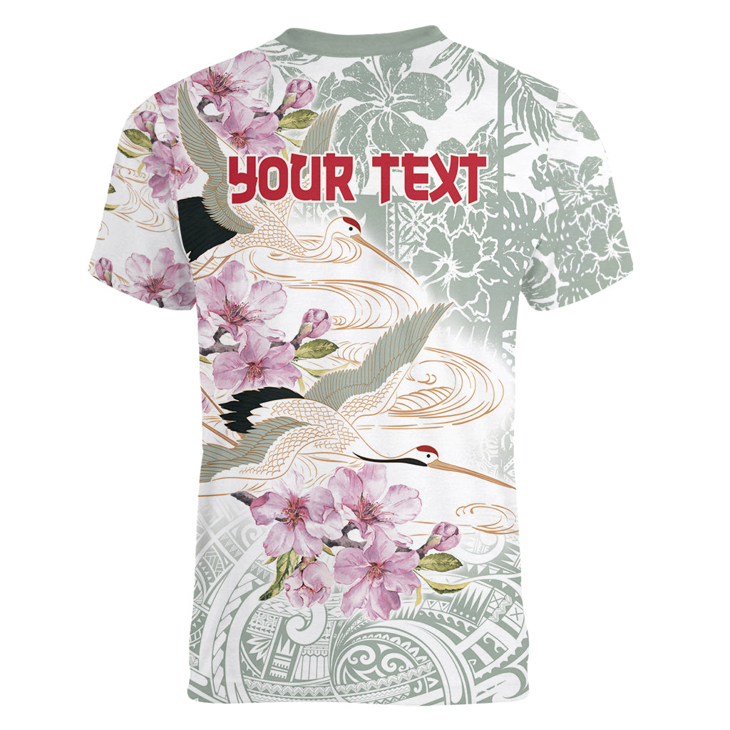 Personalized Japanese Shirasagi Bird Women V-Neck T-Shirt Sakura and Hibiscus Polynesian Pattern