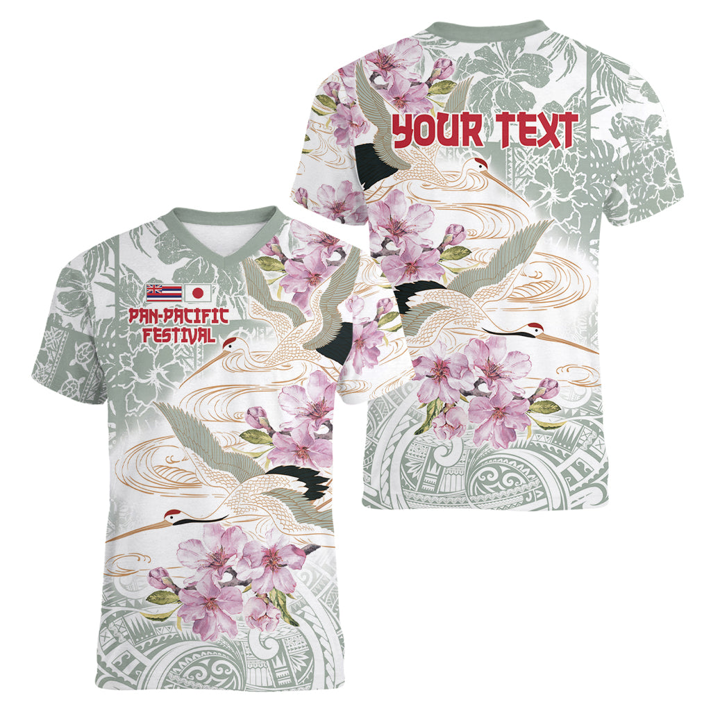 Personalized Japanese Shirasagi Bird Women V-Neck T-Shirt Sakura and Hibiscus Polynesian Pattern