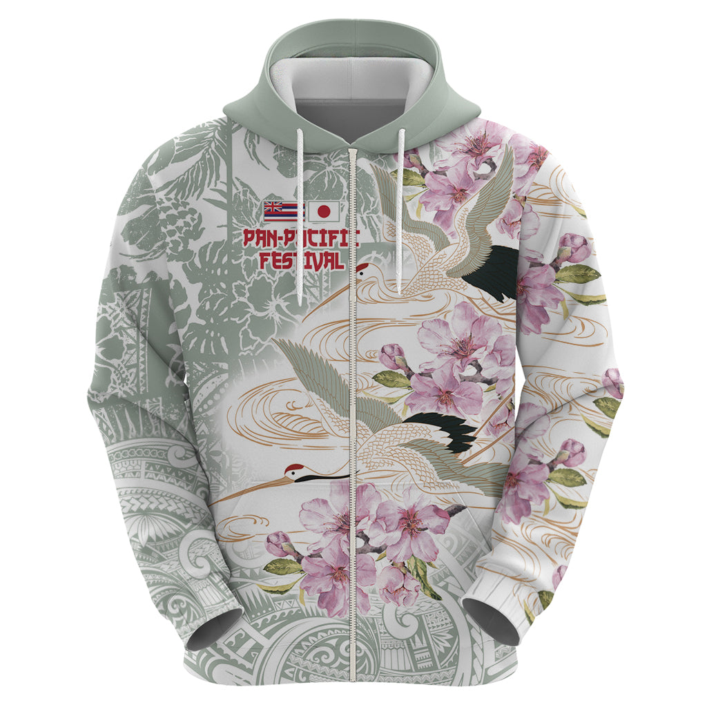 Personalized Japanese Shirasagi Bird Zip Hoodie Sakura and Hibiscus Polynesian Pattern
