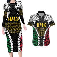 Halo Vanuatu Pride Couples Matching Long Sleeve Bodycon Dress and Hawaiian Shirt Vanuatuan Sand Drawing Pattern