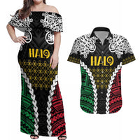 Halo Vanuatu Pride Couples Matching Off Shoulder Maxi Dress and Hawaiian Shirt Vanuatuan Sand Drawing Pattern