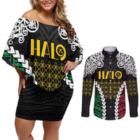 Halo Vanuatu Pride Couples Matching Off Shoulder Short Dress and Long Sleeve Button Shirt Vanuatuan Sand Drawing Pattern