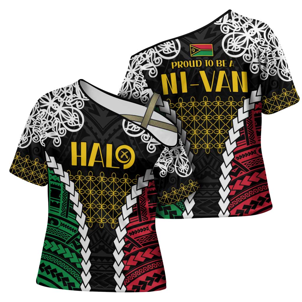 Halo Vanuatu Pride Cross Shoulder Shirt Vanuatuan Sand Drawing Pattern - Polynesian Pride