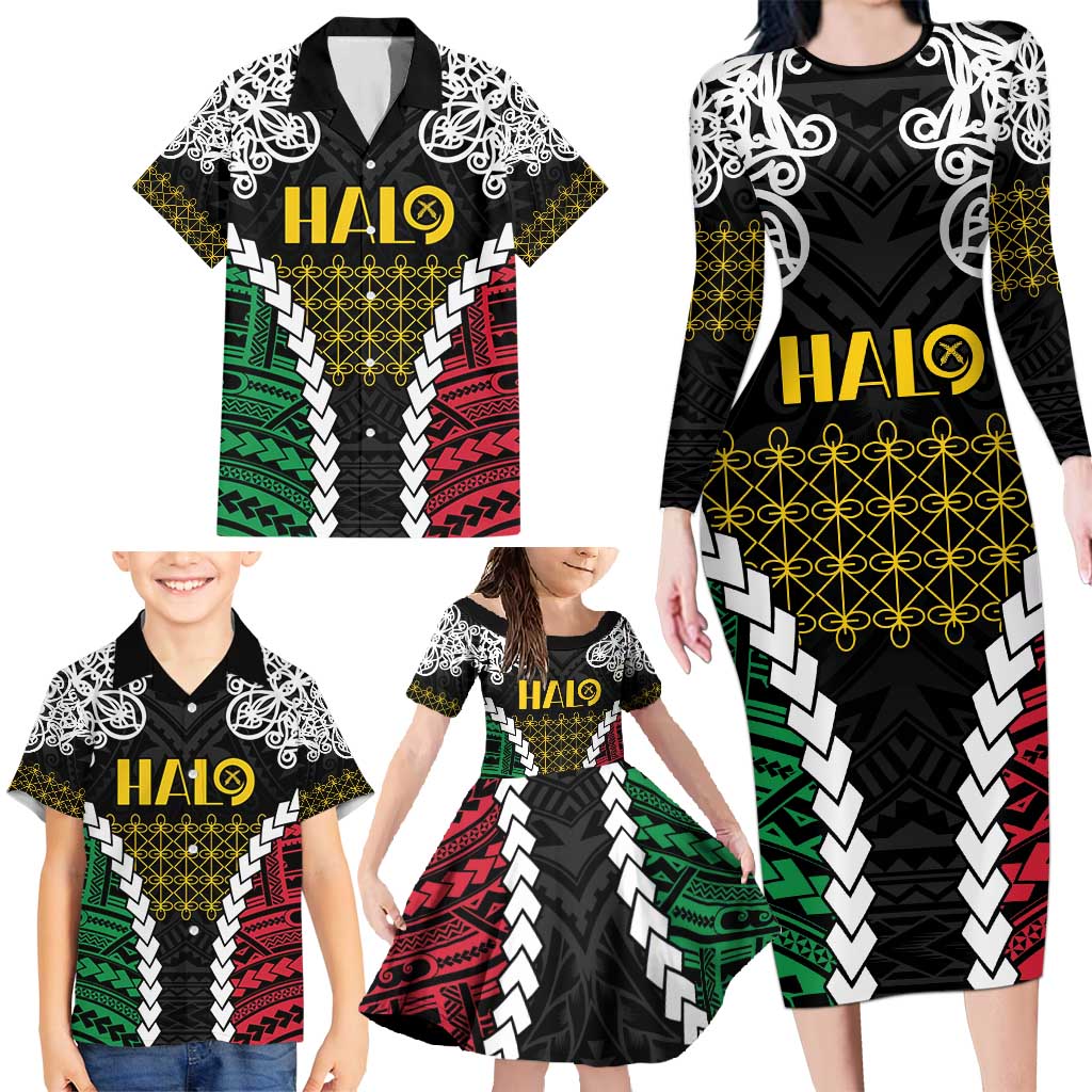 Halo Vanuatu Pride Family Matching Long Sleeve Bodycon Dress and Hawaiian Shirt Vanuatuan Sand Drawing Pattern