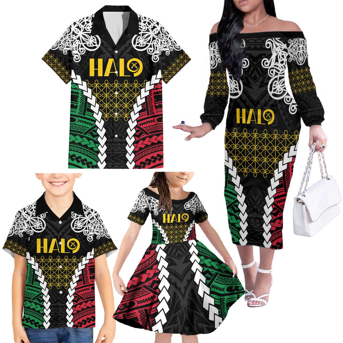 Halo Vanuatu Pride Family Matching Off The Shoulder Long Sleeve Dress and Hawaiian Shirt Vanuatuan Sand Drawing Pattern