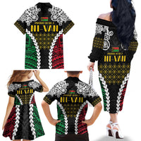 Halo Vanuatu Pride Family Matching Off The Shoulder Long Sleeve Dress and Hawaiian Shirt Vanuatuan Sand Drawing Pattern