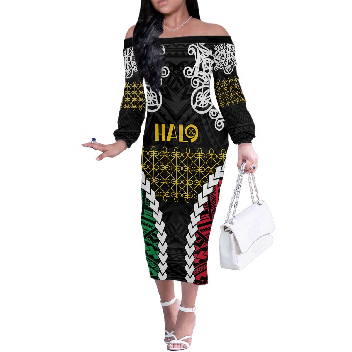 Halo Vanuatu Pride Family Matching Off The Shoulder Long Sleeve Dress and Hawaiian Shirt Vanuatuan Sand Drawing Pattern