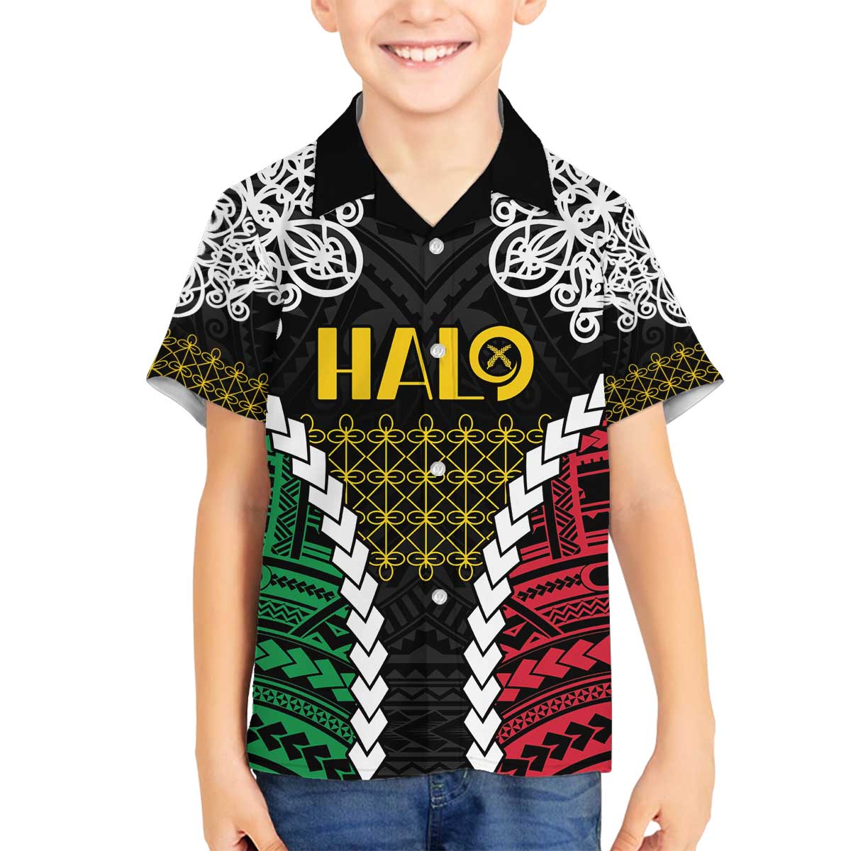 Halo Vanuatu Pride Family Matching Off The Shoulder Long Sleeve Dress and Hawaiian Shirt Vanuatuan Sand Drawing Pattern