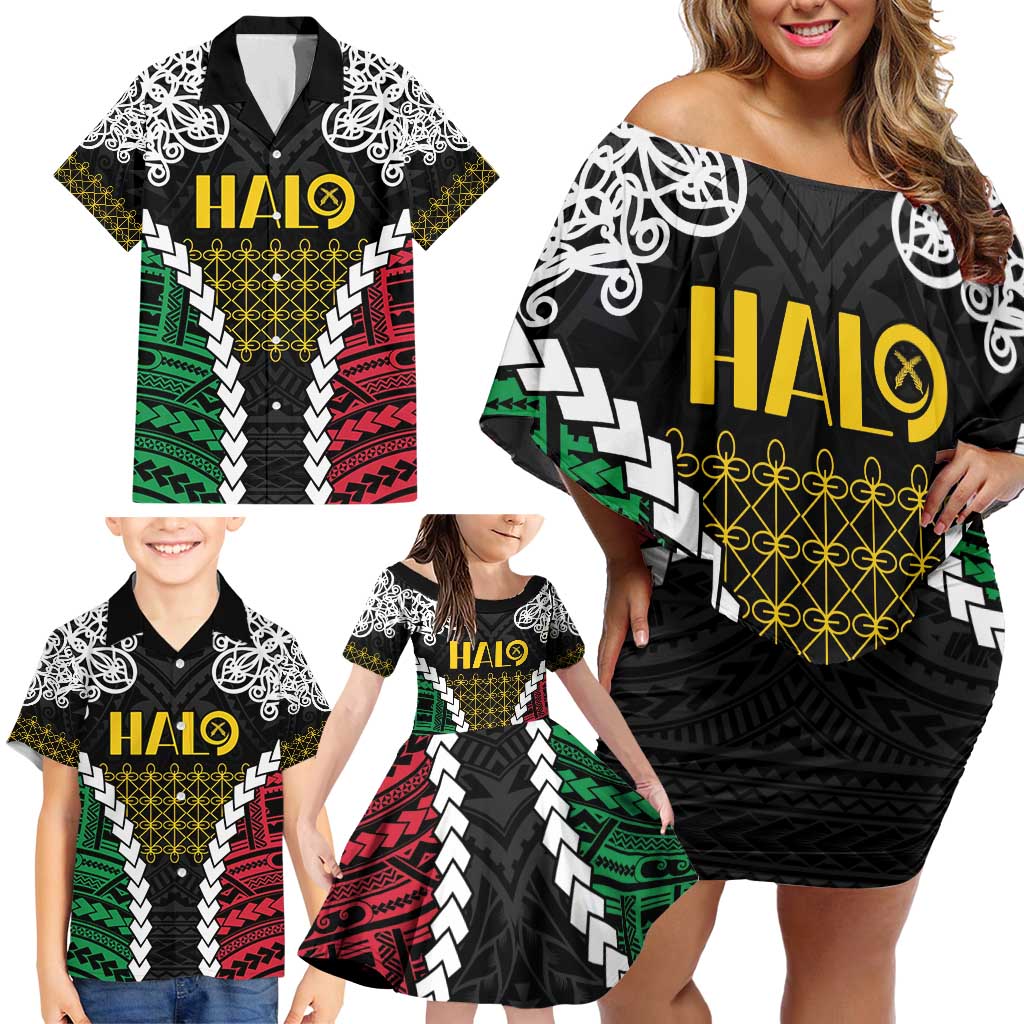Halo Vanuatu Pride Family Matching Off Shoulder Short Dress and Hawaiian Shirt Vanuatuan Sand Drawing Pattern