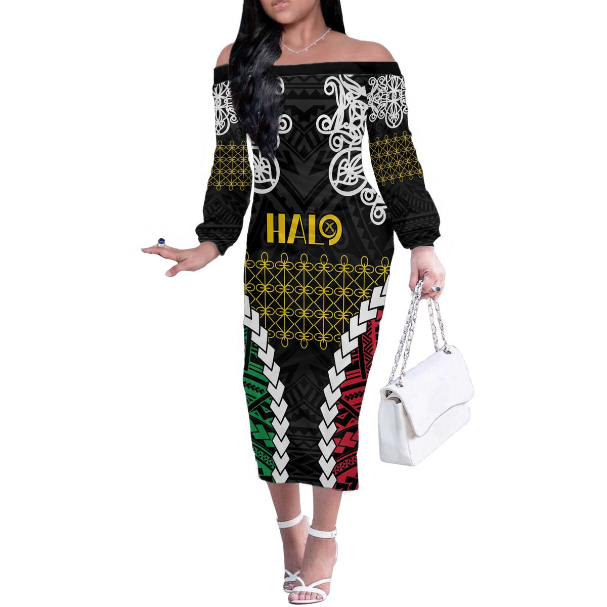 Halo Vanuatu Pride Off The Shoulder Long Sleeve Dress Vanuatuan Sand Drawing Pattern