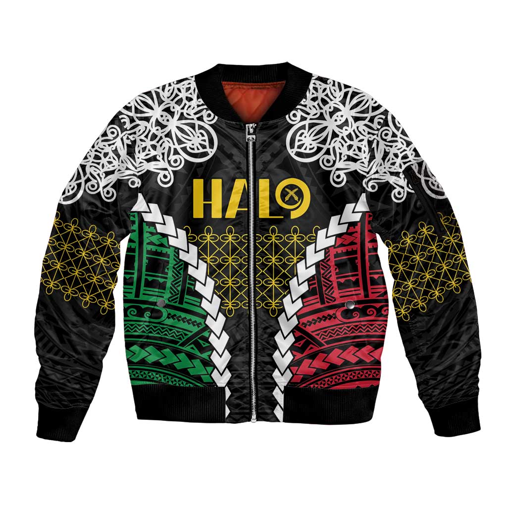 Halo Vanuatu Pride Sleeve Zip Bomber Jacket Vanuatuan Sand Drawing Pattern LT9 Unisex Black - Polynesian Pride
