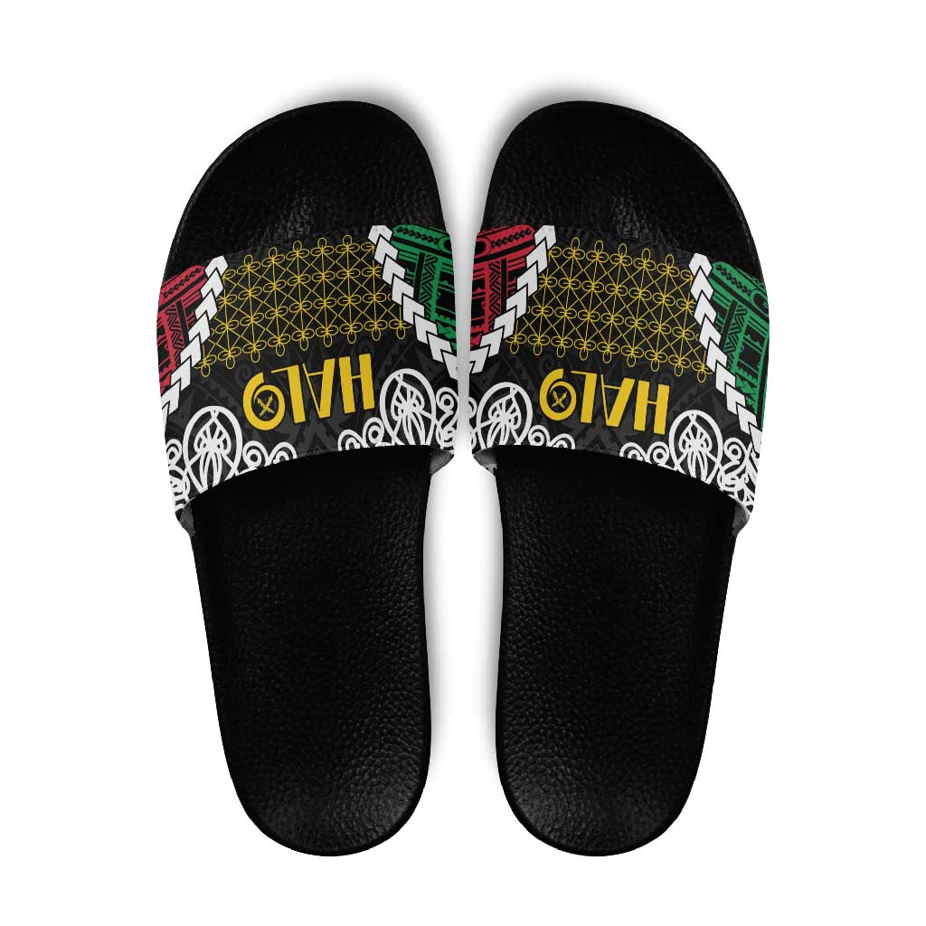Halo Vanuatu Pride Slide Sandals Vanuatuan Sand Drawing Pattern LT9 Black - Polynesian Pride