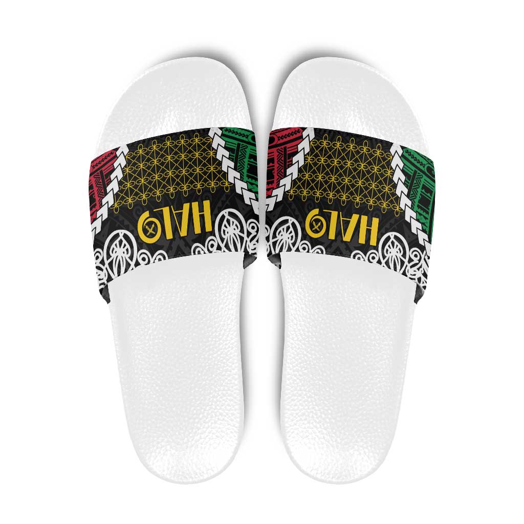 Halo Vanuatu Pride Slide Sandals Vanuatuan Sand Drawing Pattern LT9 Black - Polynesian Pride