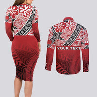 Malo e lelei Tonga Couples Matching Long Sleeve Bodycon Dress and Long Sleeve Button Shirt Ngatu Tokelau Feletoa Fata Traditional Polynesian Pattern