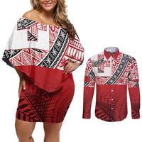 Malo e lelei Tonga Couples Matching Off Shoulder Short Dress and Long Sleeve Button Shirt Ngatu Tokelau Feletoa Fata Traditional Polynesian Pattern